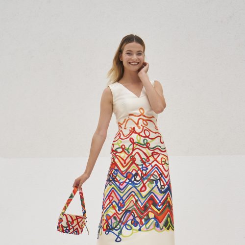 HELENA II : robe longue ivoire à jupe en shantung imprimé Gratacós, multicolore